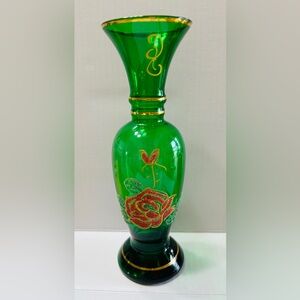Vintage bud vase with gilded gold trim & enamel hand painted rose. Green.